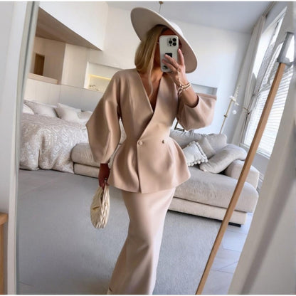 Blazer with Peplum Detail and Matching Skirt Set for Women - Debora