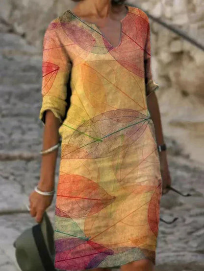 Women's Leaf Pattern V-Neck Summer Dress | Midi