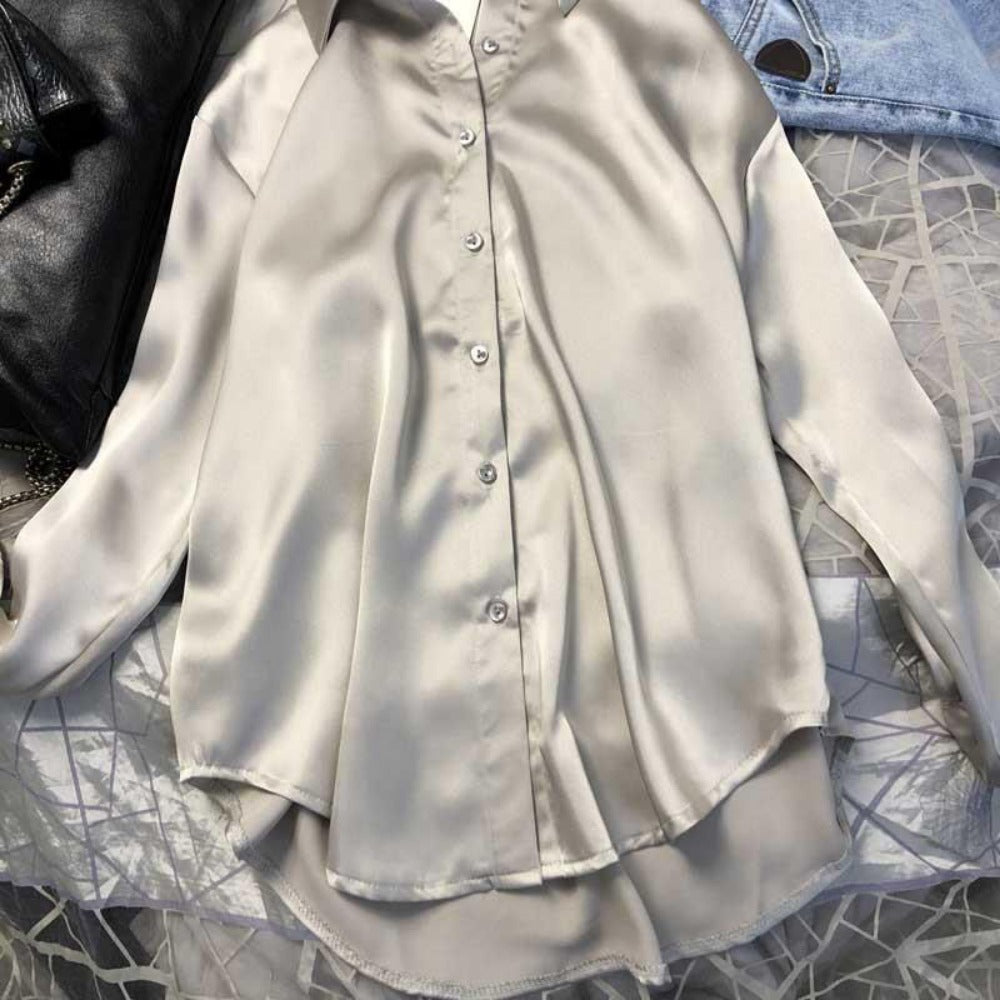 Satin Button Up Long Sleeve Shirt for Women - Leonia