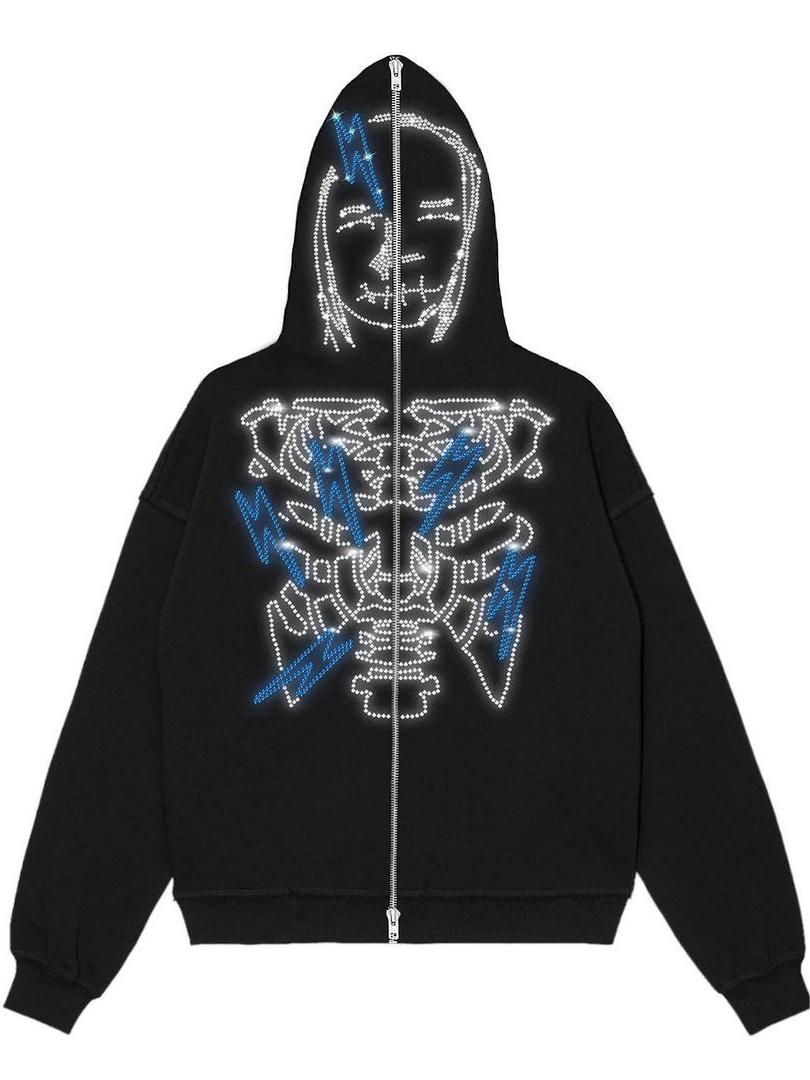 Black Zip-Up Hoodie with Rhinestones and Face Logo