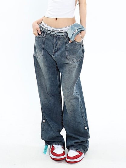 Washed Effect Denim Baggy Boyfriend Jeans