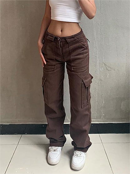 Brown Baggy Cargo Jeans with Patch Pockets