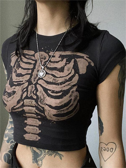 Black Vintage Crop Top with Skeleton logo