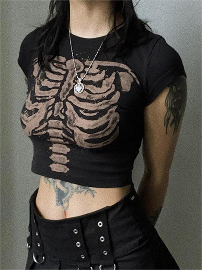 Black Vintage Crop Top with Skeleton logo