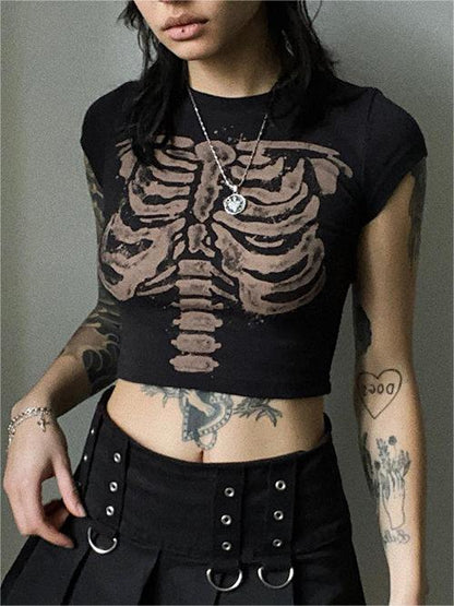 Black Vintage Crop Top with Skeleton logo