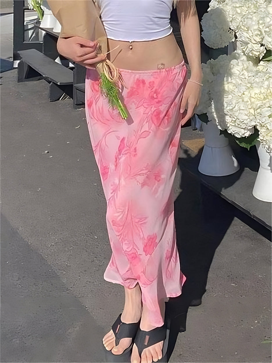 Pink chiffon midi skirt with floral print