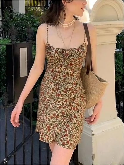 Slip Mini Dress with Lace and Floral Print