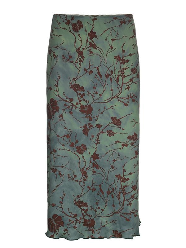 Vintage Floral Green Midi Skirt