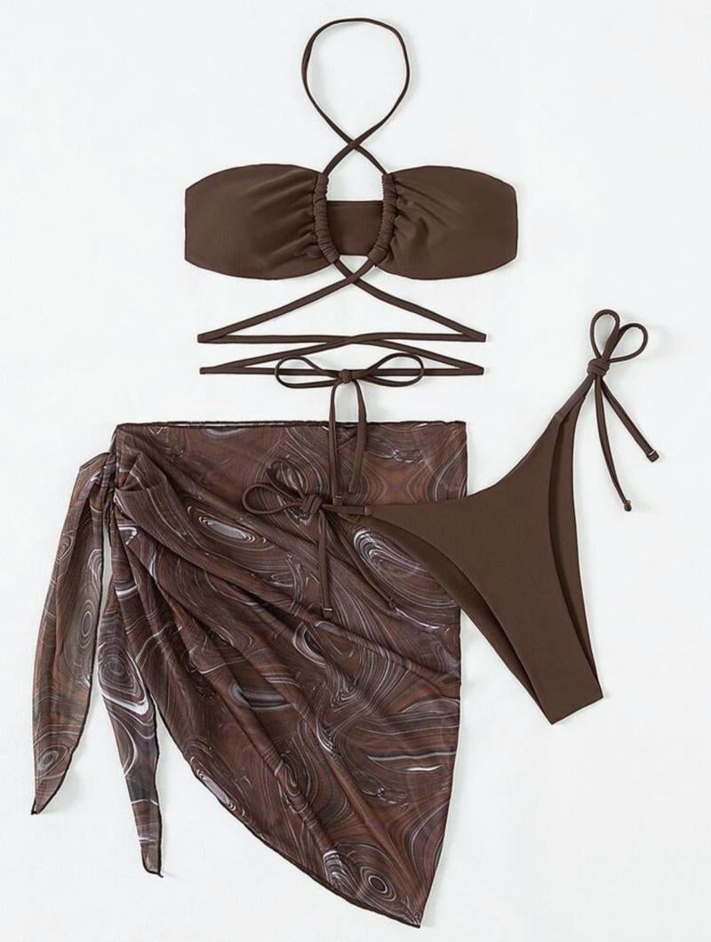 Crossed three-piece bikini swimsuit with lace
