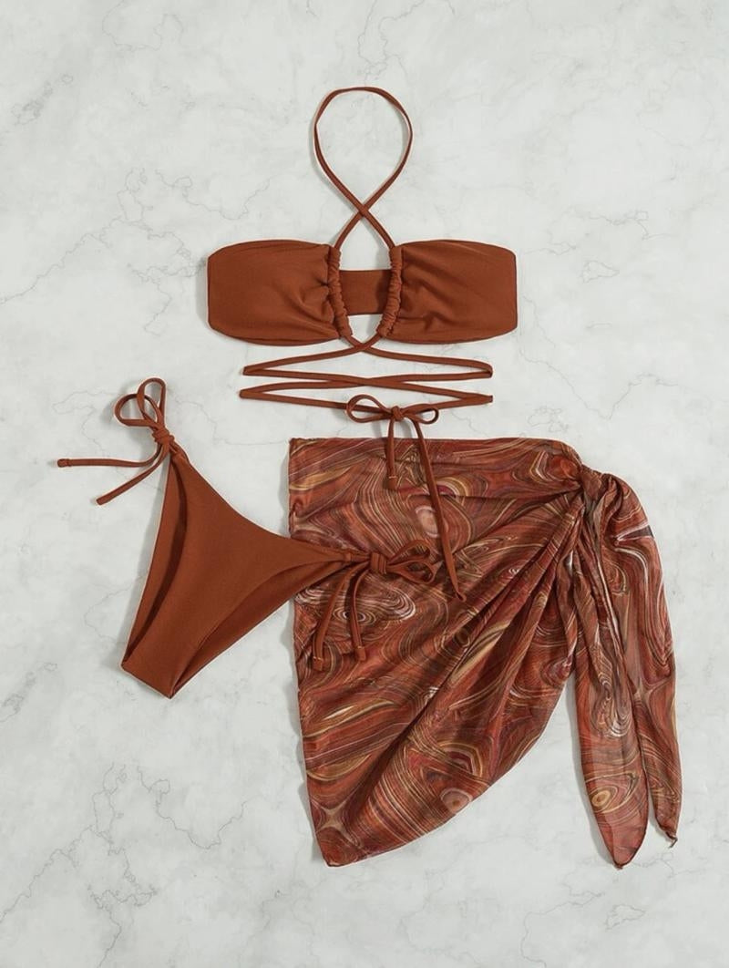 Crossed three-piece bikini swimsuit with lace