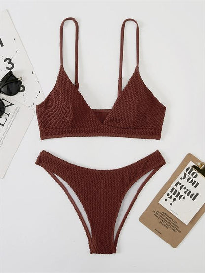 Solid Color Smocked V-Neck Bikini Set