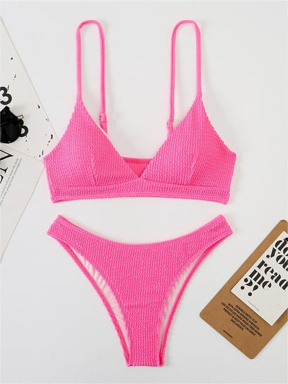 Solid Color Smocked V-Neck Bikini Set