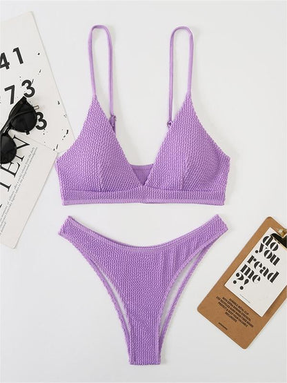 Solid Color Smocked V-Neck Bikini Set