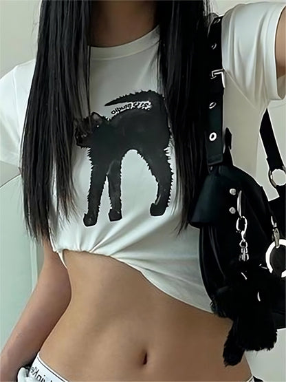 White Crop Top with Black Cat Print