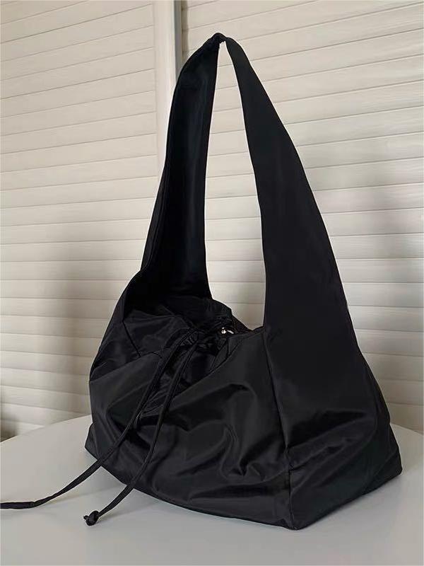 Black Nylon Shoulder Bag with Drawstring