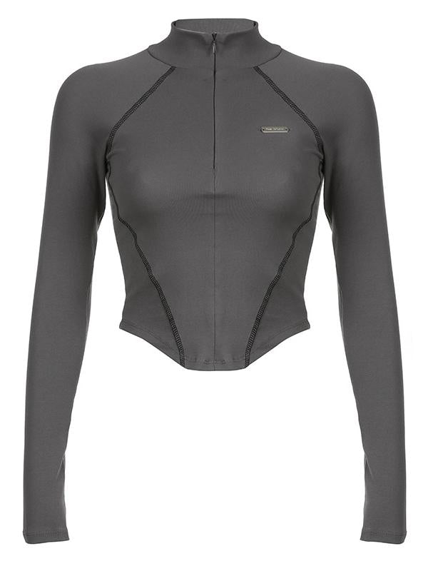 Grey Cyberpunk Long Sleeve Seamed Crop Top