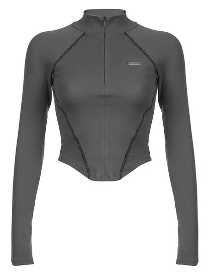 Grey Cyberpunk Long Sleeve Seamed Crop Top