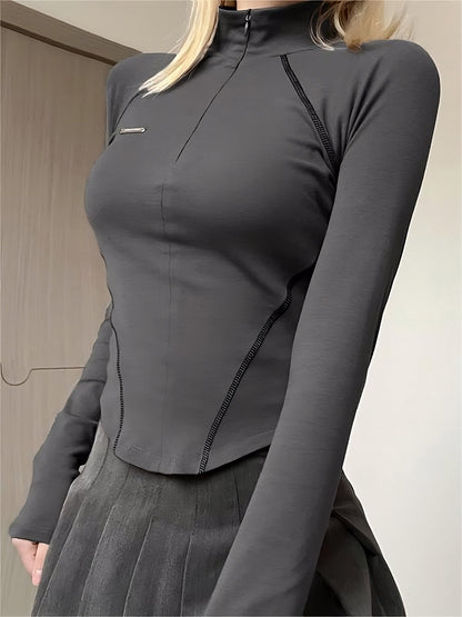 Grey Cyberpunk Long Sleeve Seamed Crop Top