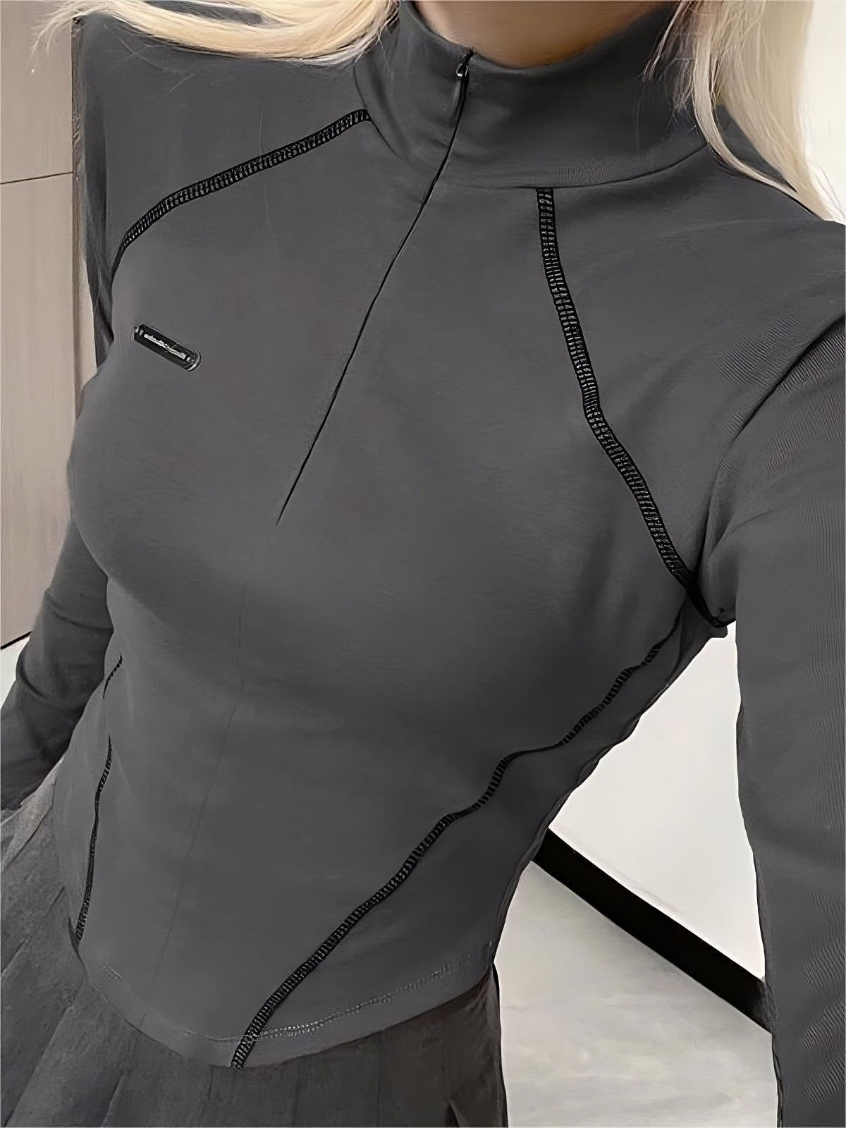 Grey Cyberpunk Long Sleeve Seamed Crop Top