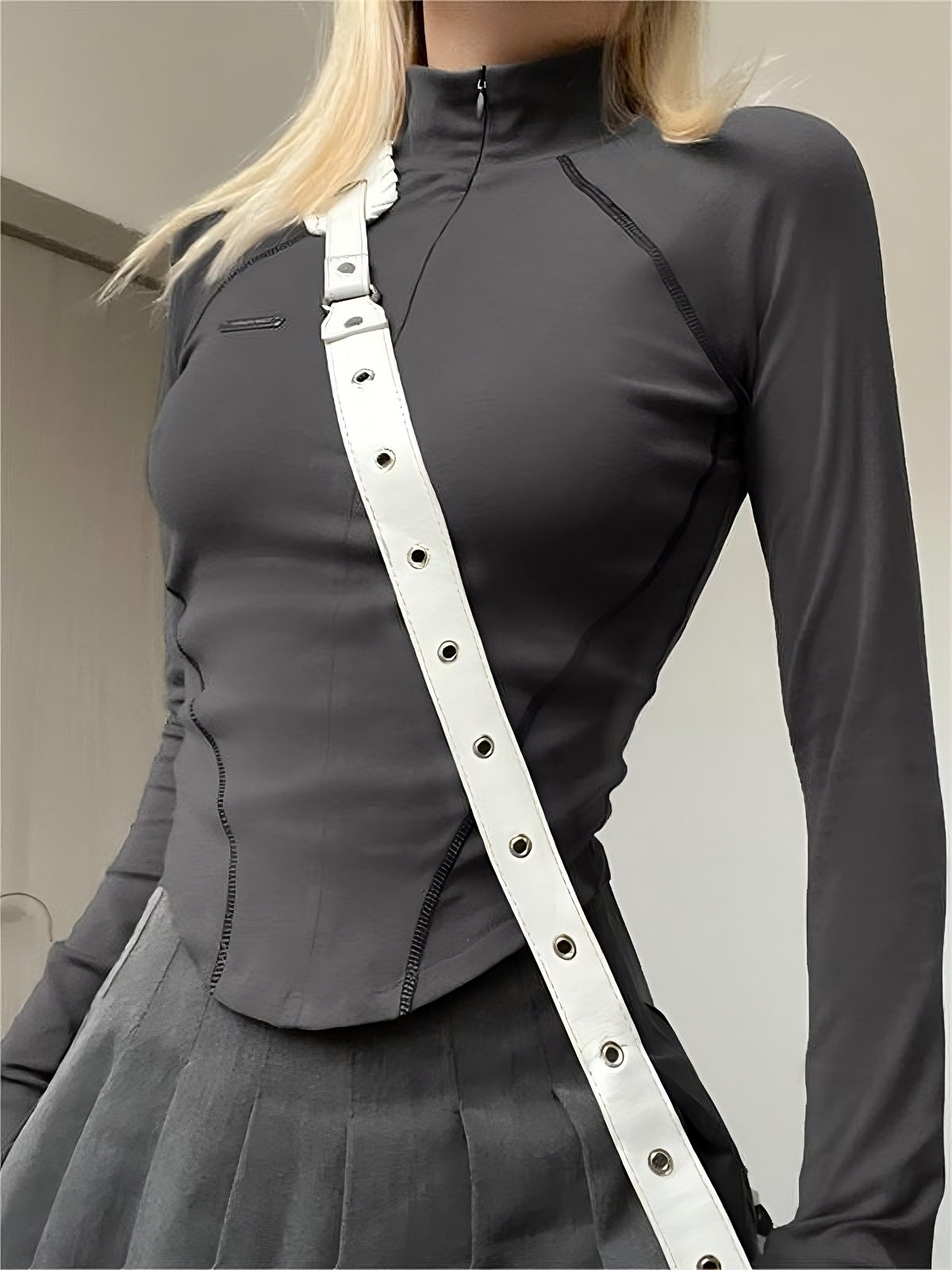 Grey Cyberpunk Long Sleeve Seamed Crop Top