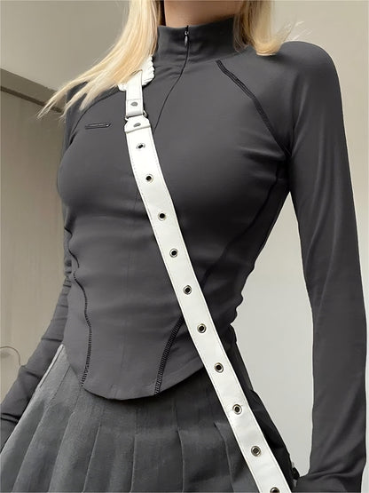 Grey Cyberpunk Long Sleeve Seamed Crop Top