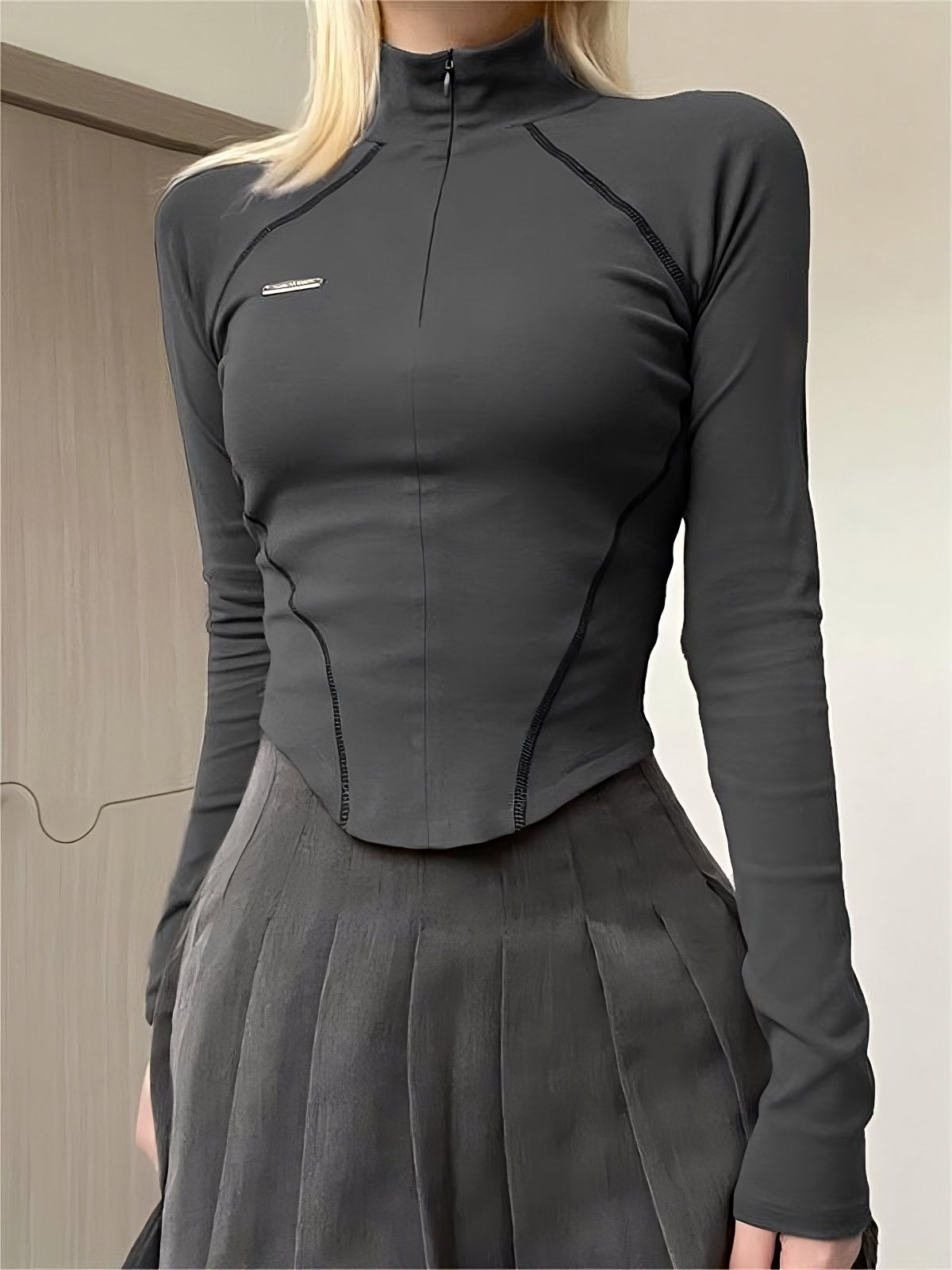 Grey Cyberpunk Long Sleeve Seamed Crop Top