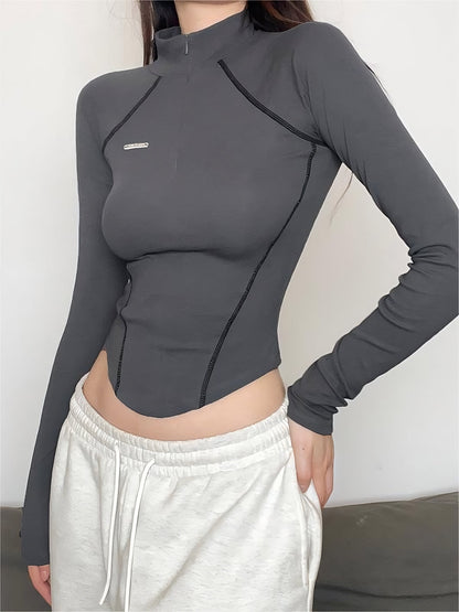 Grey Cyberpunk Long Sleeve Seamed Crop Top