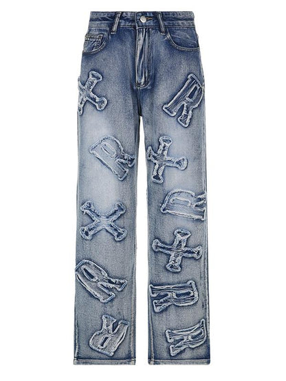 Faded Effect Boyfriend Jeans with Letter Patch