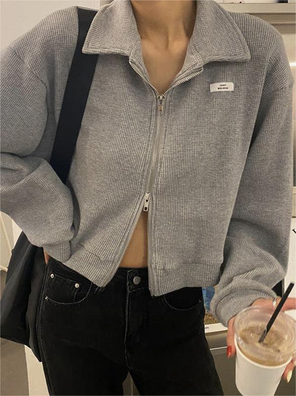 Zip-Up Crop Jacket in White and Grey