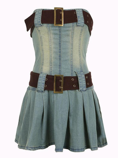 Strapless Denim Mini Dress with Belt