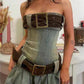 Strapless denim mini dress with a narrow belt