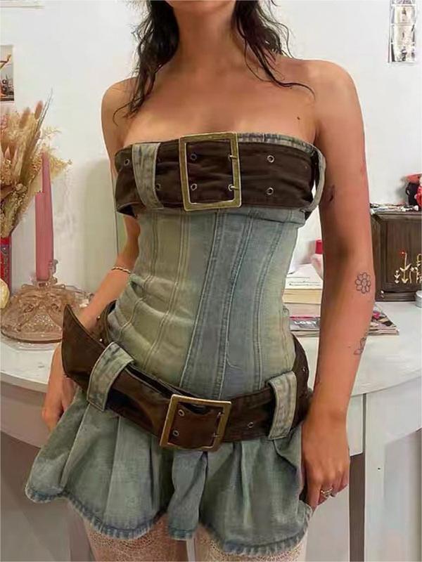 Strapless denim mini dress with a narrow belt