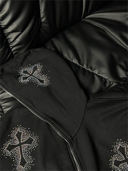 Black Zip-Up Hoodie with Rhinestone Cross Pattern