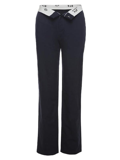 Dark Blue Straight Leg Pants with Foldable Waist Design