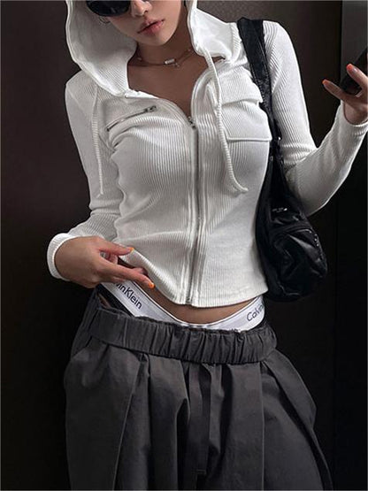 White Crop Knit Top with Hood and Zip