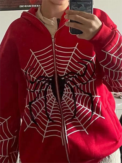 Sudadera con capucha roja con cremallera y logotipo de araña