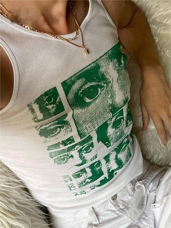 White crop tank top with Staring Eye graphic
