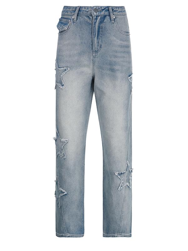 Washed Effect Vintage Boyfriend Jeans with Stars Patch