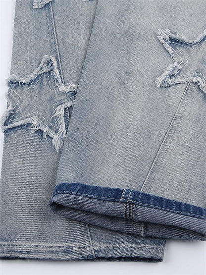 Washed Effect Vintage Boyfriend Jeans with Stars Patch