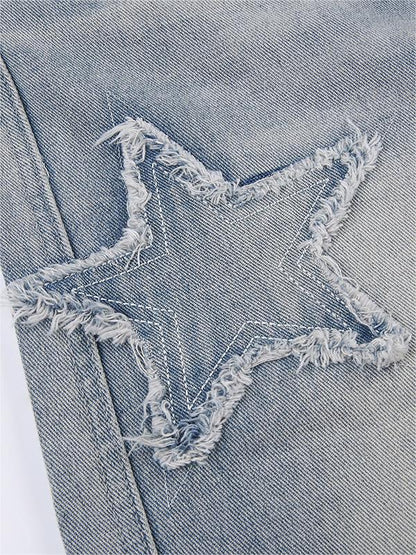 Washed Effect Vintage Boyfriend Jeans with Stars Patch