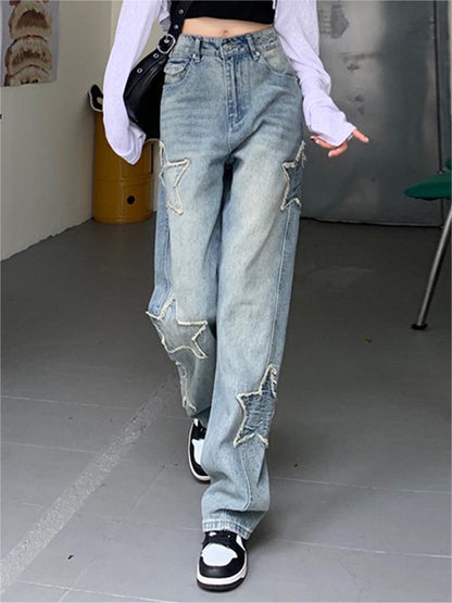 Washed Effect Vintage Boyfriend Jeans with Stars Patch