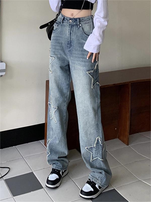 Washed Effect Vintage Boyfriend Jeans with Stars Patch