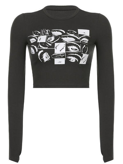 Dark Grey Vintage Eye Graphic Long Sleeve Crop Top