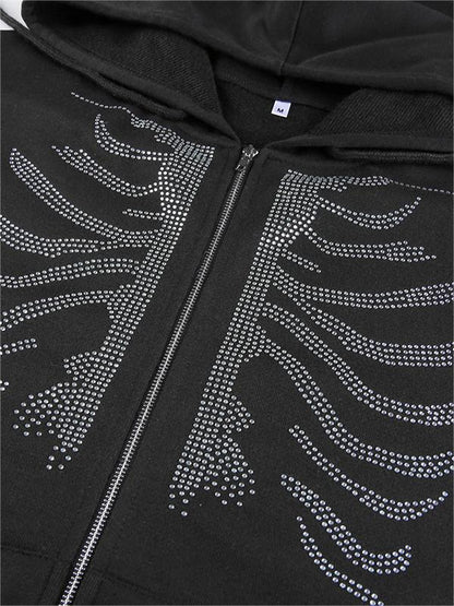 Black Zip-Up Hoodie with Rhinestone Skull