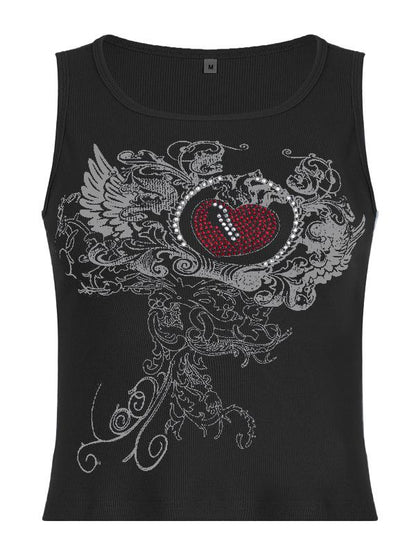 Ribbed Crop Tank Top with Heart Rhinestone Logo