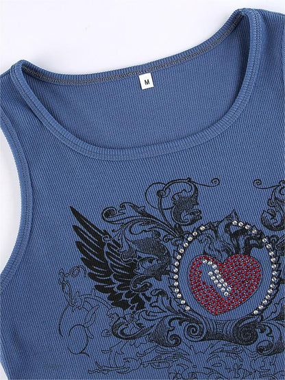 Ribbed Crop Tank Top with Heart Rhinestone Logo