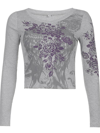 Grey Long Sleeve Crop Top with Floral Rhinestones