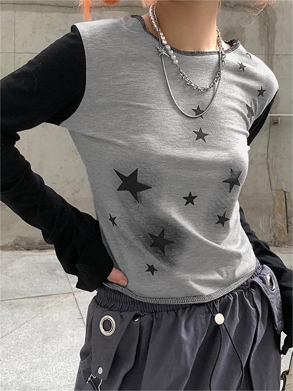 Vintage Star Long Sleeve Crop Top with Stitches Details