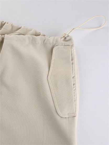 Beige Baggy Parachute Cargo Pants with Drawstring