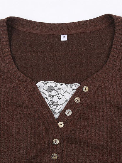 Brown Long Sleeve Knit Top with Lace Pattern and Buttons